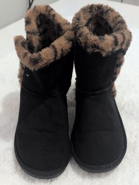 Serra Black Kids Winter Boots with Brown Leopard Faux Fur Trim